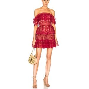 SELF-PORTRAIT Red Off Shoulder Guipure Mini Dress Lace‎ Size 2